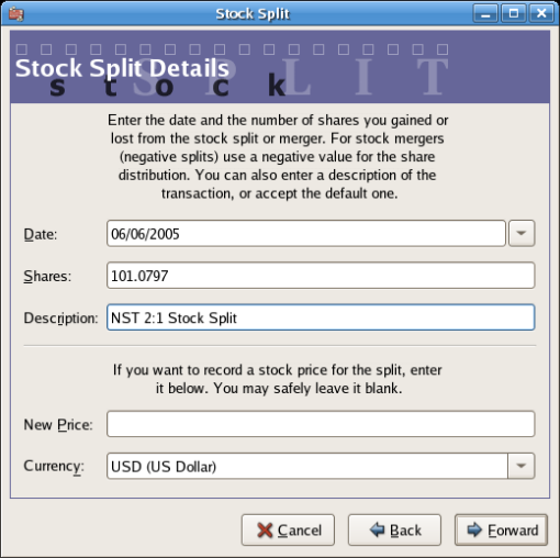 An image of the stock split assistant at step 3 - Split Details.