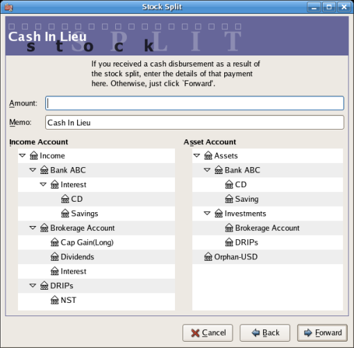An image of the stock split assistant at step 4 - Cash in Lieu.
